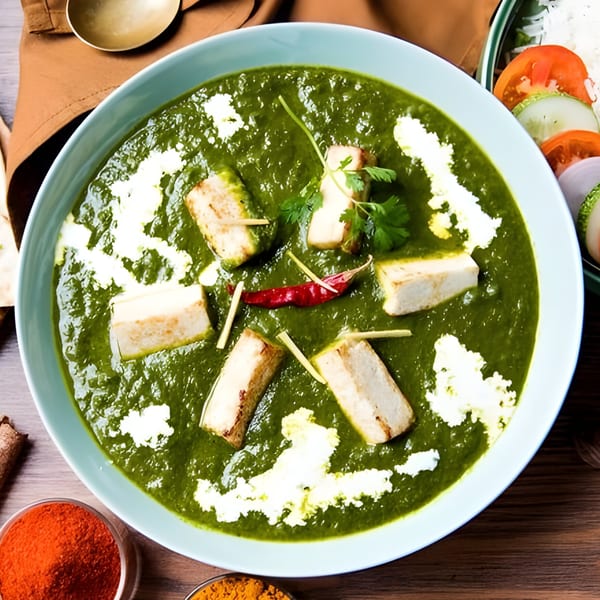 Palak Paneer, a vibrant green Indian dish with paneer cubes, cream, and a red chili.