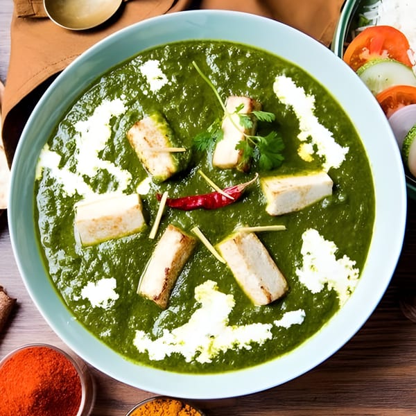 A bowl of vibrant green palak paneer with paneer cubes, cream, and red chili, from Spice Venue.