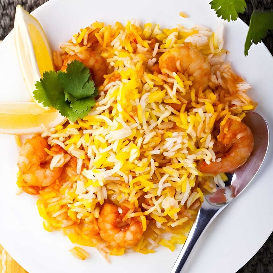 Spice Venue's shrimp biryani, a vibrant Indian dish with yellow and white rice, garnished with lemon and cilantro.