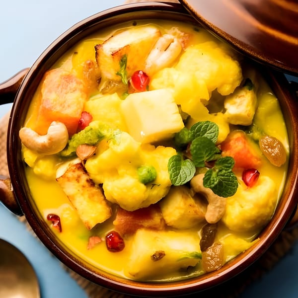 A close-up of Indian Navratan Korma with paneer, pineapple, cashews, and pomegranate in a brown bowl.