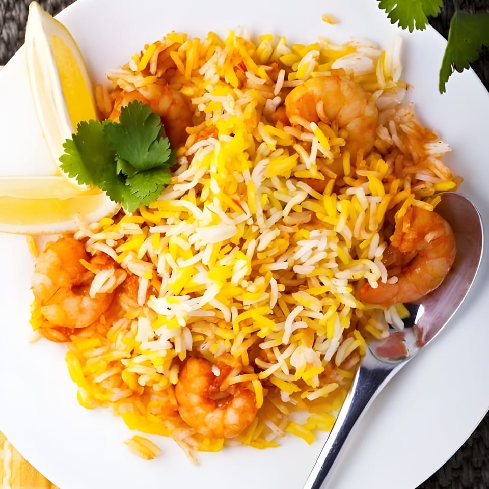 Shrimp biryani with yellow and white rice, garnished with cilantro and lemon wedges on a white plate.