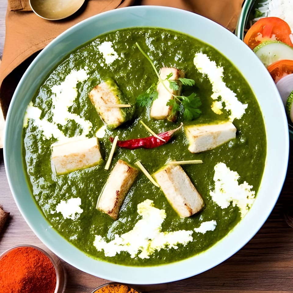 Palak Paneer, a vibrant green Indian spinach and cheese curry, garnished with cream and spices.