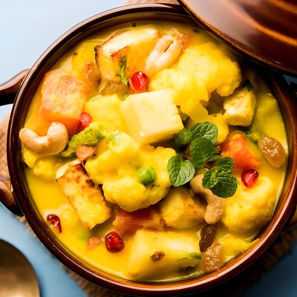 Close-up of a vibrant Indian fruit and paneer curry, garnished with cashews, pomegranate, and mint.