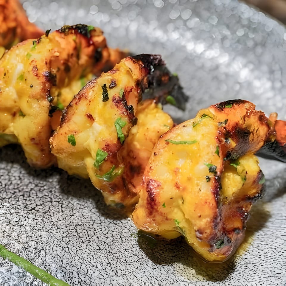 Close-up of golden-brown grilled shrimp skewers with charred edges and green herbs on a textured plate.