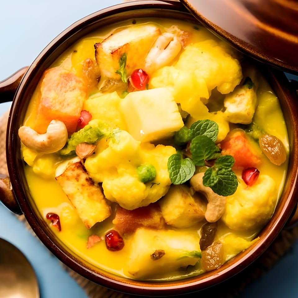 Close-up of Indian fruit and paneer curry with cashews, raisins, and mint in a brown bowl.